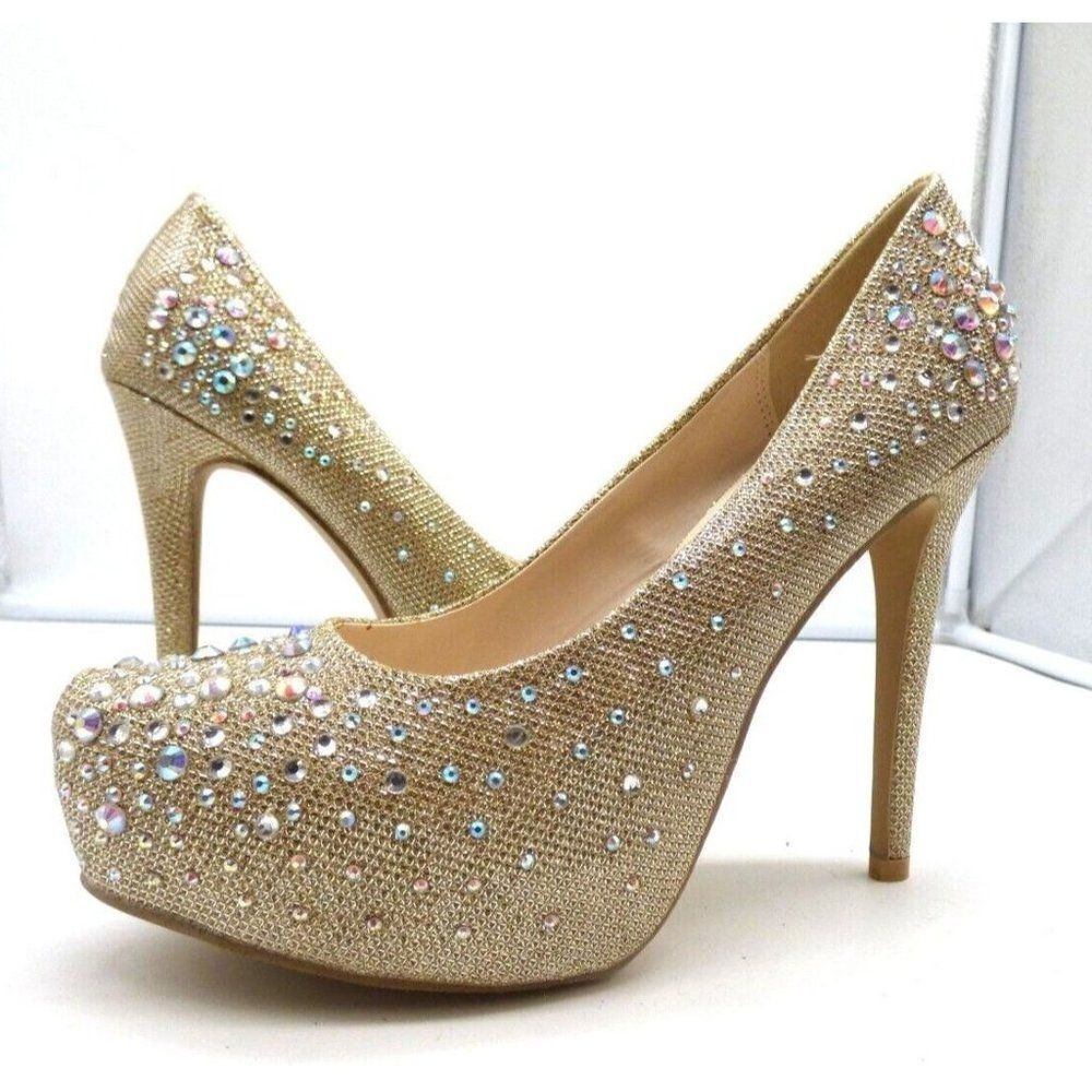 Silver Dew Crystal Rhinestone Platform Pumps, Gold, Size 8.5